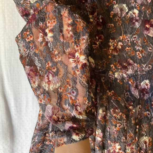 Rewind Women Dress L Gray Pink Floral Fit & Flare Lace Long Sleeve Knee Length - Picture 10 of 11